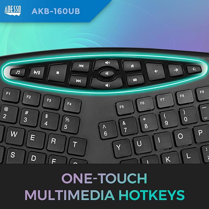 Adesso AKB-160UB Wired Ergonomic Keyboard with Integrated Palm Rest, Chiclet Keycaps, and Multimedia Hotkeys