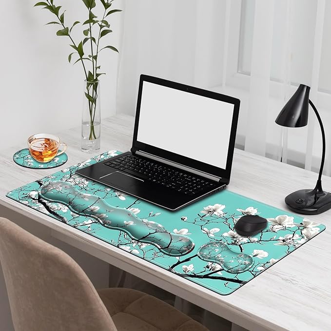 Gaming Mouse Pad Set Turquoise White Cherry Large Desk Mat Mousepad, Keyboard Wrist Support, Mouse Wrist Rest, Coaster 4in1 Ergonomic Memory Foam, Non-Slip Stitched Edge for Home Office