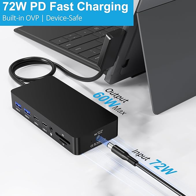 12-in-1 Surface Docking Station, 4K@60Hz Triple Display Surface Dock with HDMI, DP, USB-C, 4-Screen Support, 4 USB Ports, SD/TF, Audio for Surface Pro 11/10/9/8/7, Surface Laptop, Book, Go