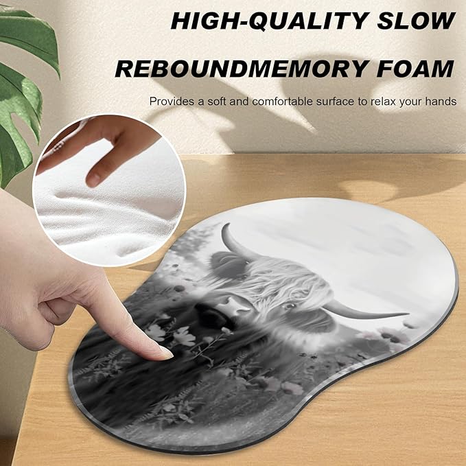 Ergonomic Mouse Pad with Wrist Support and Keyboard Wrist Rest Set + Coaster,Cute Mouse Pads Non Slip Rubber Base Mousepad for Computer Laptop Home Office Working Gaming,Highland Cow Ox Cattle