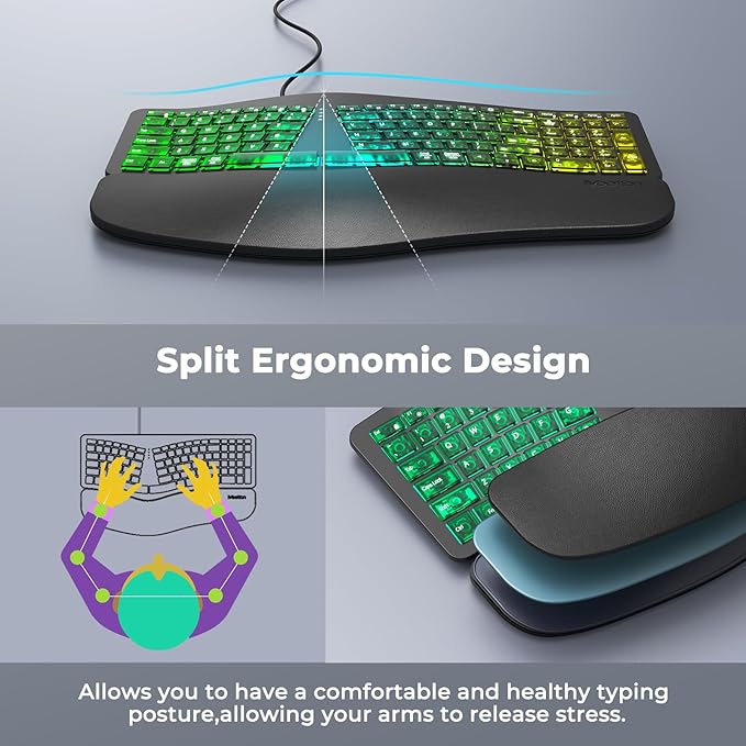 MEETION Ergonomic Keyboard Wired, 7 Colors Transparent Backlit, 4 Brightness, 1 RGB Breathing Backlit, Comfortable Wrist Rest Cushion, USB-A/USB-C Adapter Ergo Keyboard for Windows Mac Computer Laptop