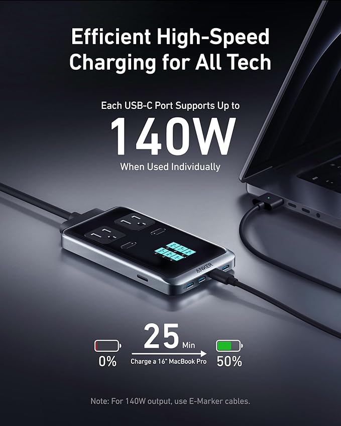 Anker Prime Charging Station, 240W 8-in-1 Power Strip, 5ft Detachable Extension Cord with Multiple Outlets, 2 AC, 4 USB C, 2 USB A, for iPhone, MacBook, Desk Accessories, Home Office (Not for Travel)