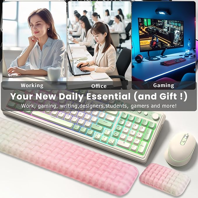 Ergonomic Keyboard and Mouse Wrist Rest Set - Wrist Support for Mouse, Computer Wrist Cushion Combo, Soft Memory Foam Wrist Support for Keyboard, Laptop, Mac, Office, Work, Gaming