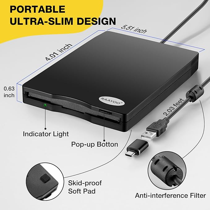 USB Floppy Disk Reader, 3.5 inch External Portable 1.44 MB FDD Floppy Disk Drive for Windows 11/10/8/7/2000/XP PC Laptop Desktop Notebook Computer