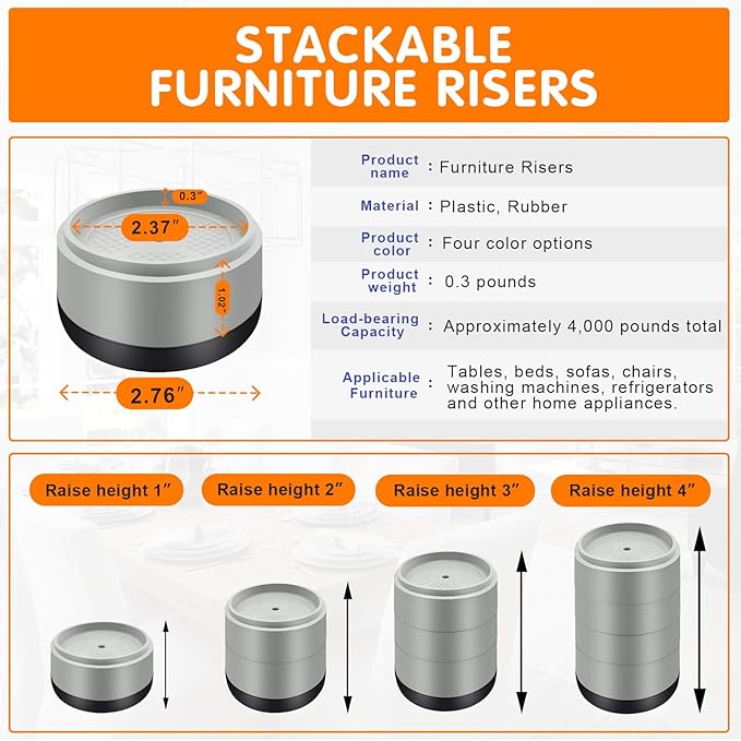 Furniture Risers Bed Risers Heavy Duty 1 inch, 2 inch, 3 inch, 4 inch Round Adjustable Bed Lifts Riser for Desk Legs Table Couch Sofa Chair Refrigerator Washing Machine (1 Inch, Gray, 8 Pack )