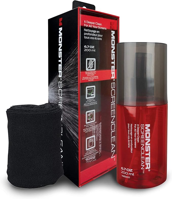 Monster Screen Cleaner Kit, 6.7 oz (200 mL), Microfiber Cloth, White/Black/Red, for HDTVs, Tablets, Laptops, Smartphones, Eyeglasses