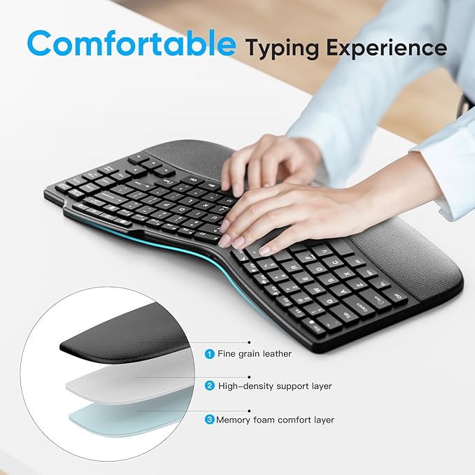 OMOTON Ergonomic Wireless Split Keyboard Compatible with Windows only, Cushioned Wrist Rest, Rechargeable, USB Connectivity, 2.4G Membrane Silent Keyboard, Classic Black