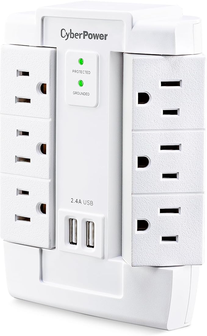 CyberPower CSP600WSURC2 Surge Protector, 1200J/125V, 6 Swivel Outlets, 2 USB Charging Ports, Wall Tap Design, White