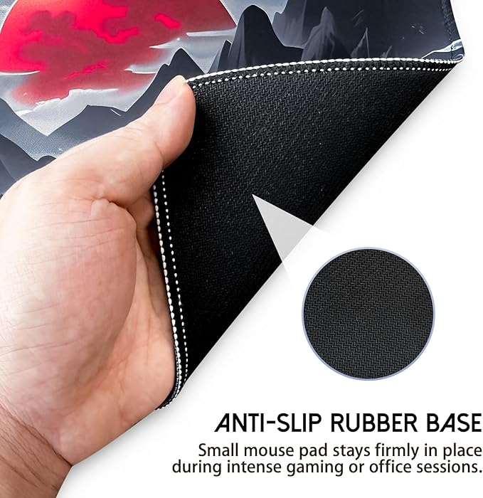 Small Gaming Mouse Pad, Anime Black Mousepad with Stitched Edges, Expanded Cool Desk Mat, Japanese Red Moon Keyboard Mat Suitable for Home Office,10.2 X 8.3 Inch