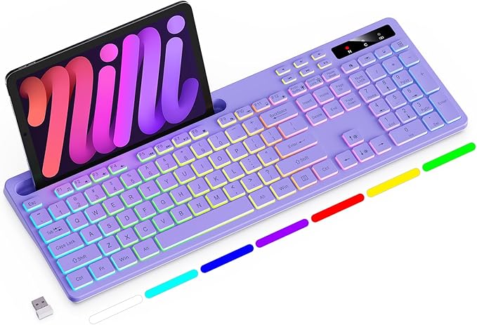 Wireless Keyboard with 7-Color RGB Backlit, Full-Size Computer Keyboard with Phone Tablet Holder, 2.4G Rechargeable Gaming Keyboard with Light Up Keys, Compatible with Mac, Windows (Purple)
