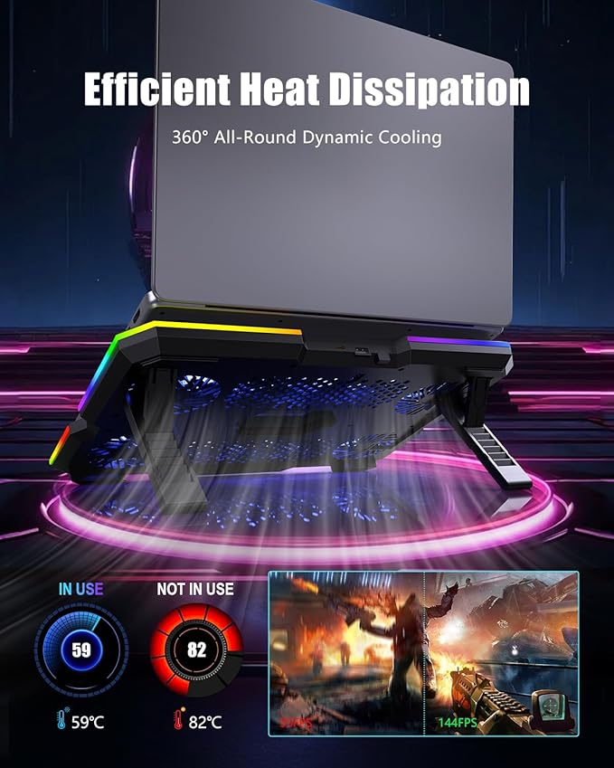 Laptop Cooling Pad, Gaming Laptop Cooler with 10 Quiet Fans, Height Adjustable Laptop Cooling Stand for 12"-18.1" Laptops, RGB Lights with Laptop Fan with 2 USB Port and Phone Stand