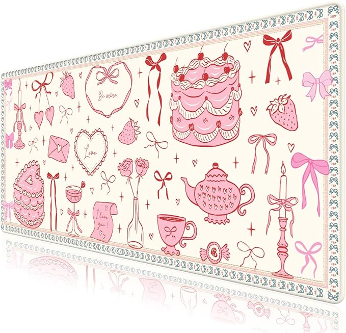 Desk Pad for Keyboard and Mouse, Large Mouse Pad for Desk, Non-Slip Keyboard Mat, Computer Mats for Desk, Cute Desk Pad with Stitched Edges for Office, Gaming I Kawaii Pink Bow Heart