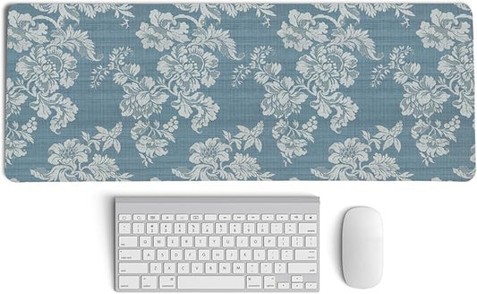 Blue Chinoiserie Mouse Pad,Vintage Blue and White Floral Desk Mat,Big Large Vintage Floral Preppy Trendy Mouse Pad,Girly Gaming Mousepad,Girly Laptop Desk Mat for Dorm Home Office,31.5x11.8In