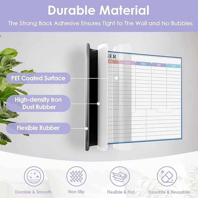 MaxGear Weekly Dry Erase Calendar for Wall, Self-Adhesive Wall Calendar White Board with 4 Dry Erase Markers, 1 Eraser, 4 Magnets, 1 Marker Holder for Office Home School