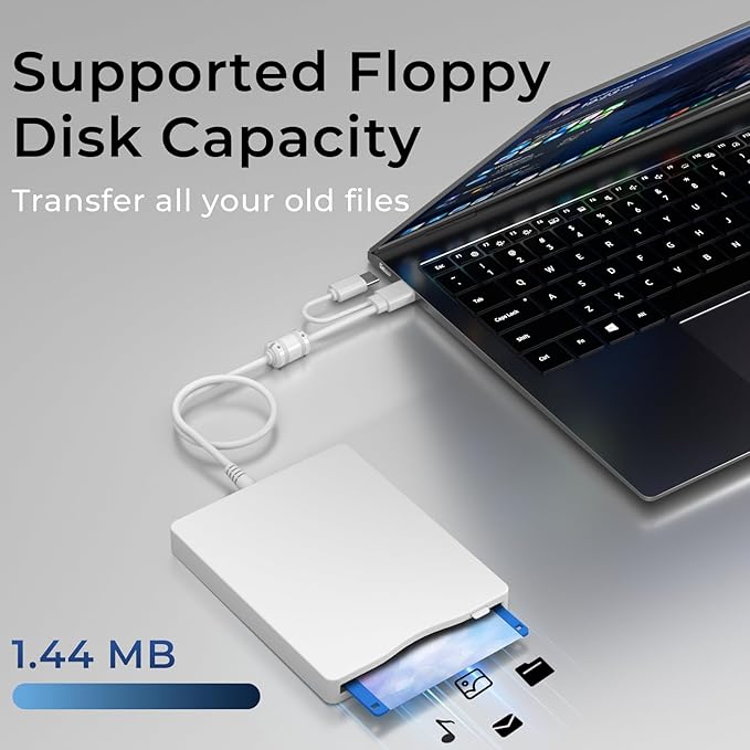 USB Floppy Drive, 3.5" External USB & Type-C Floppy Disc Reader, External Floppy Disk Drive Portable 1.44 MB Plug and Play FDD for PC Windows XP 7 8 10 11(White)