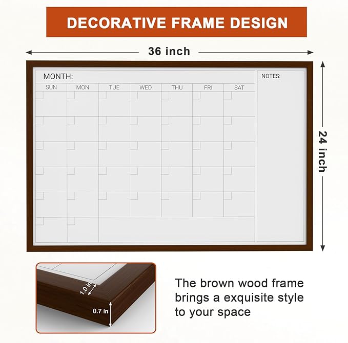 Comix Dry Erase Calendar Whiteboard for Wall, Magnetic Dry Erase White Calendar Board with Brown Wood Frame, 36 * 24 inches Decorative Planner Board for Office, Kitchen, School, Home
