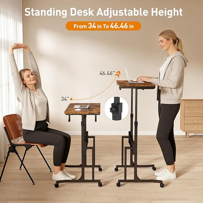 ikkle Standing Desk with Wheels, Adjustable Treadmill Desk, Rolling Bike Trainer Desk for Walking Pad Laptop, Phone Standing, Brown