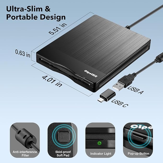 Floppy Disk Reader 3.5 inch External USB A&C Floppy Disc Drive 3 1/2 Floppy Disk Drive/Converter/Player/Reader/Transfer for Laptop Desktop PC Compatible with Windows 11/10 (Brushed Texture)