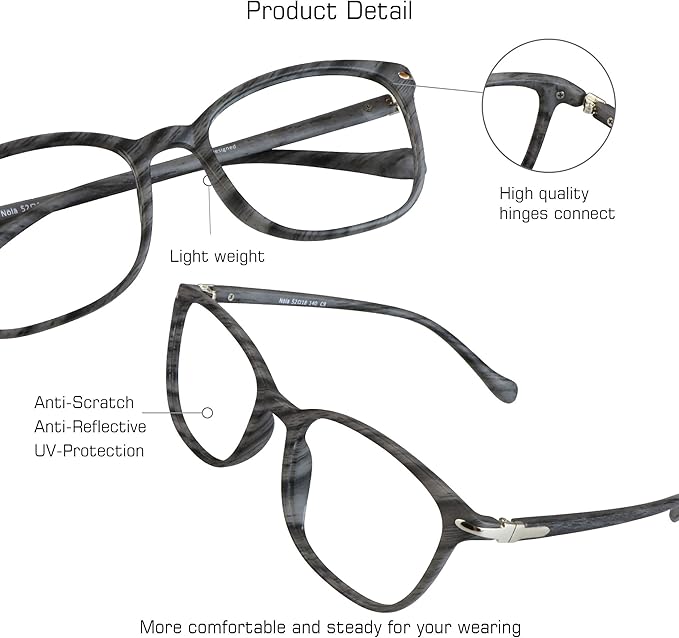 VisionGlobal Blue Light Blocking Glasses for Women Men, Stylish Square Frame (Wood, No Magnification)