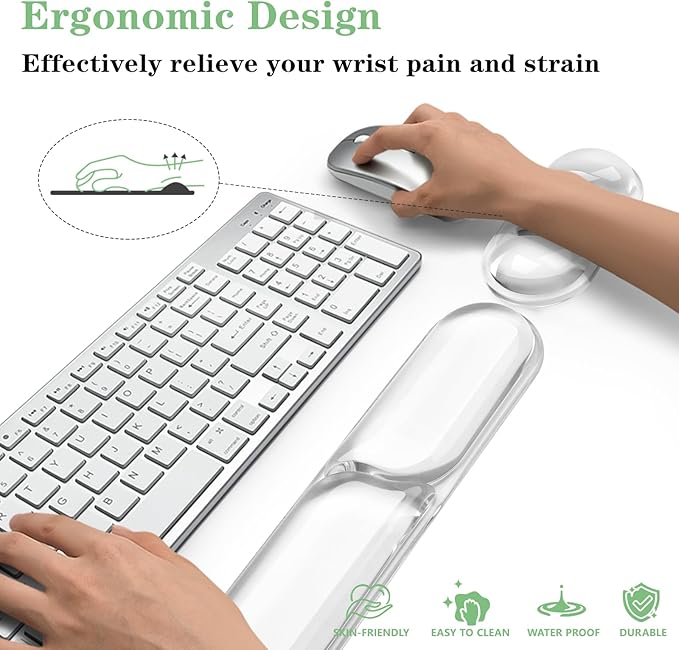Keyboard and Mouse Wrist Rest, Silicone Gel Ergonomic Mouse Pad with Wrist Rest Set, Gaming Mousepad Arm Cushion Support for Computer Office Desk Accessories (Clear Gel White Set - 2)