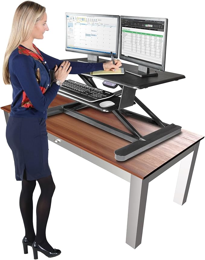 Kantek Standing Desk Converter, Electric Lift, Adjustable From, 6"-23", Large Platform Fits Dual Monitors, Sit to Stand Home Office Workstation, Grommet Hole