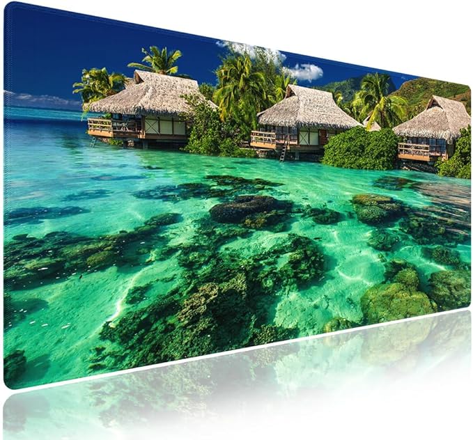XXL Gaming Mouse Pad with Stitched Edges - Tropical Paradise Overwater Bungalows with Clear Coral Reefs Summer Vacation, Smooth Surface Anti-Slip Base Large Desk Mat for Mice & Keyboard