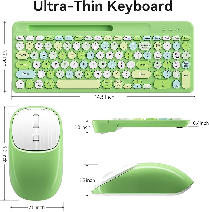 Bluetooth Keyboard and Mouse Wireless, Multi-Device Rechargeable Keyboard and Mouse Combo with Phone Holder (Bluetooth 5.0+3.0+2.4GHz) Quiet Ergonomic Compatible with Mac/Windows/iOS/Android (Green)