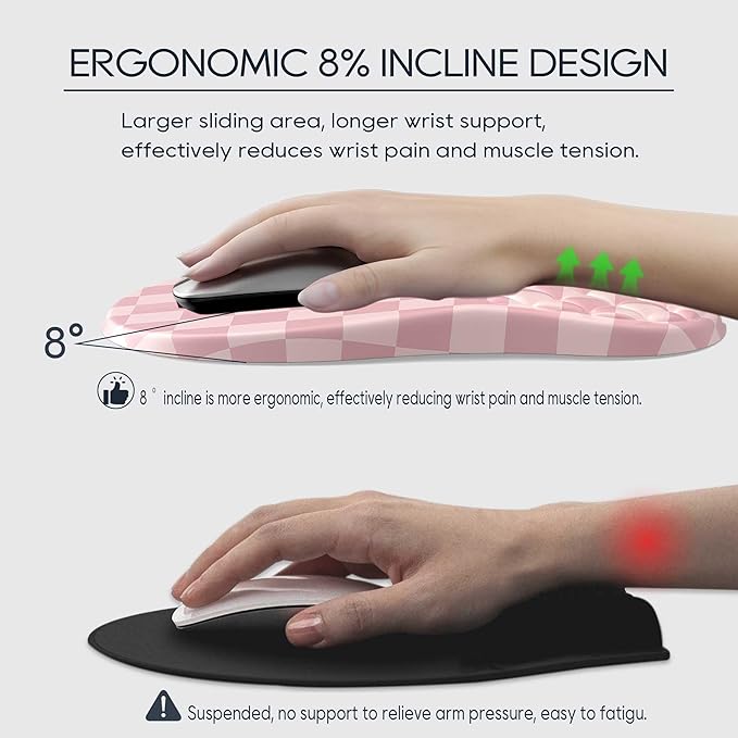 Ergonomic Mouse Pad with Wrist Rest,Slope Design for Pain Relief，Pink Mousepad with Reinforced Memory Foam & Non-Slip Base for Office Desk/Gaming