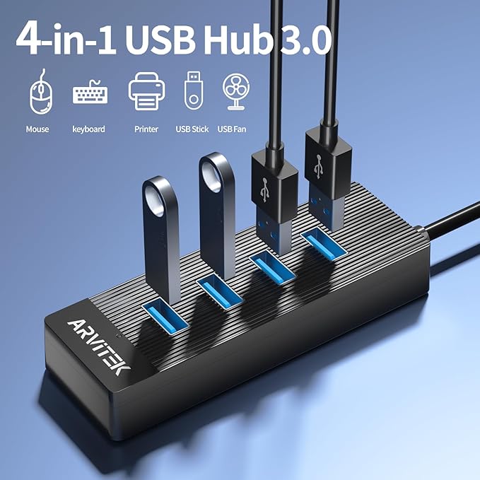 10Ft 4-Port USB 3.0 Hub for Desktop, USB Extender Hub 5Gbps, USB Multiport Adapter, USB Splitter w/Long Cable for Desktop, PC, Flash Drive, Mobile HDD (10Ft/3m)