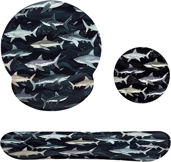 Cute Shark Keyboard Wrist Rest Pad Mouse Pad Set,Ergonomic Mousepad Wrist Support Memory Foam Desk Pad for Gaming Office,Non-Slip Rubber Base Easy Typing for Home Office Computers