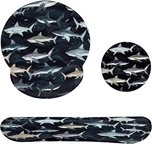 Cute Shark Keyboard Wrist Rest Pad Mouse Pad Set,Ergonomic Mousepad Wrist Support Memory Foam Desk Pad for Gaming Office,Non-Slip Rubber Base Easy Typing for Home Office Computers