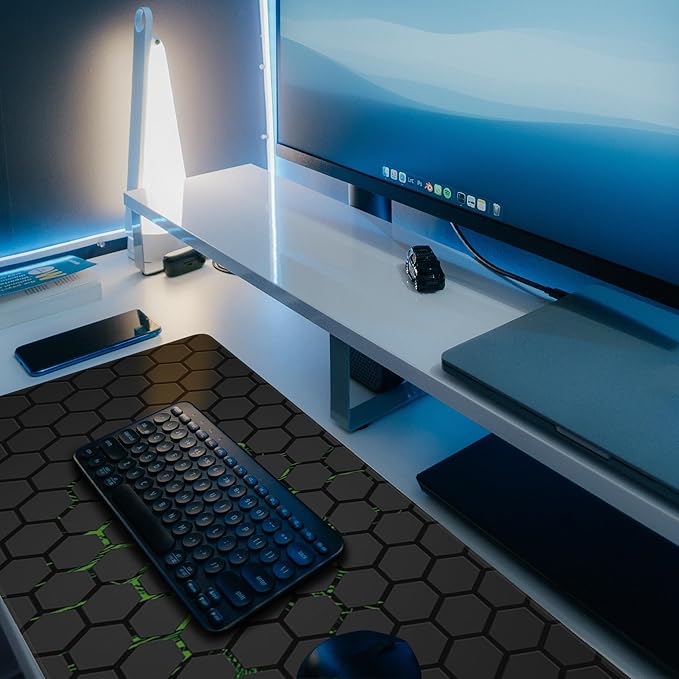 Desk Pad, Green Honeycomb Science Technology Extended Gaming Mouse Pad Large, 31.5"x11.8" Big Mouse Pad with Non-Slip Base and Stitched Edge, Long Computer Keyboard Mouse Mat for Home Office Work