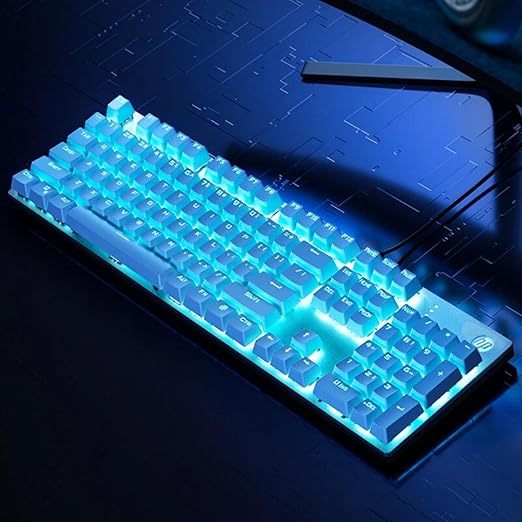 HP GK400F Mechanical Gaming Keyboard, Wired USB, 104 Keys Full Size, Tactile Brown Switch, Blue LED Backlit, Anti-Ghosting, Ergonomic Metal Panel, ABS Keycaps, Silver & White
