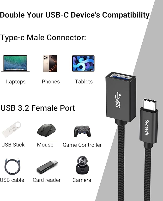 Syntech USB C to USB Adapter, 2 Pack USB C to USB 3, 10Gbps Type C, Thunderbolt 3 to USB Female Adapter OTG Cable Compatible with iPhone 17/16/15 Pro Max, iPad mini 6, MacBook Pro/Air/Neo, Black