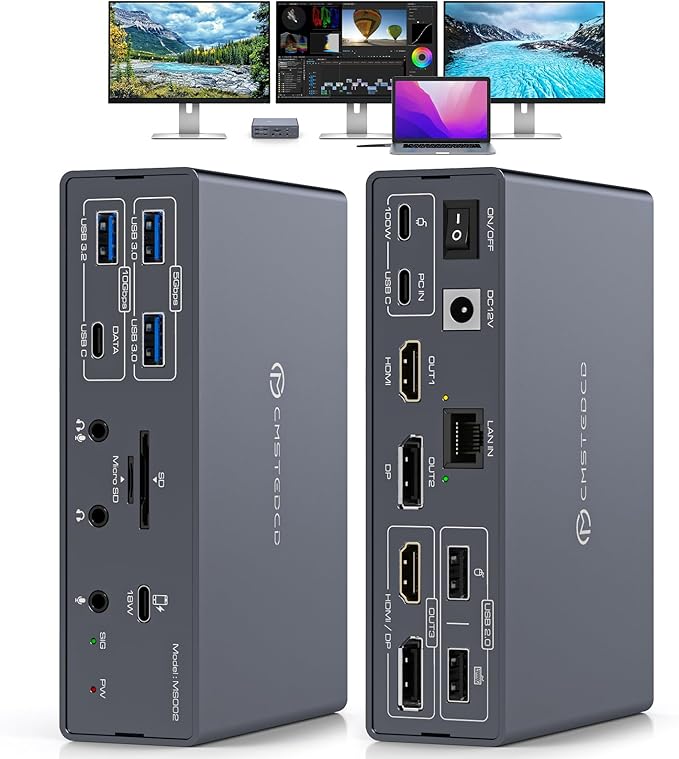 Thunderbolt Docking Station 4K@60Hz 3 Monitors for M1 M2 M3 M4 MacBook/Air with DisplayLink Technology,19-in-1 USB C Dock with 2 HDMI & 2 DisplayPort,PD 100W/USB 3.2 10G USB/Ethernet/Card Readers