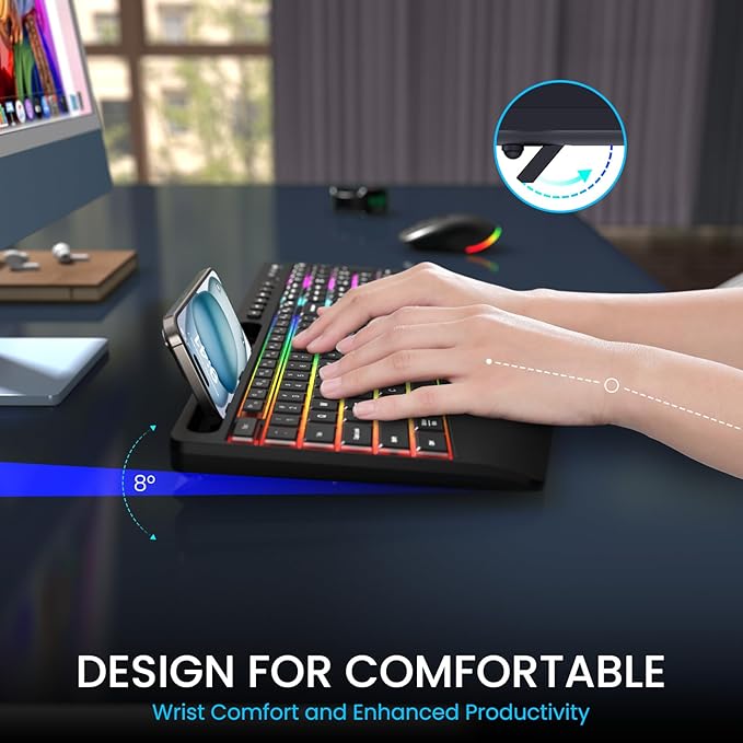 Wireless Keyboard and Mouse Combo - Dual System RGB Backlit Mouse and Keyboard,2.4G Rechargeable,Full-Sized Ergonomic Silent Design with Phone Holder for Windows Mac PC Laptop (Black-V1)