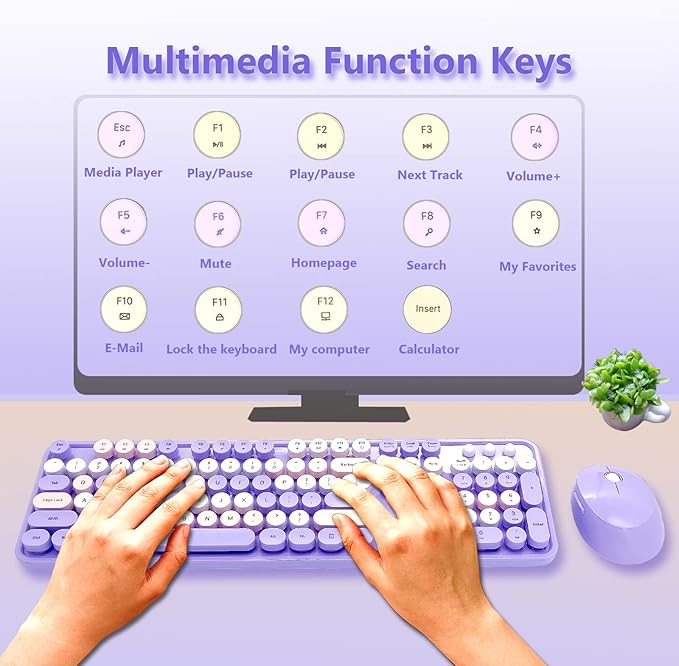Wireless Keyboard and Mouse Combo, Ergonomic Cute Retro Typewriter Full Size Colorful USB Cordless Keyboard Mouse Set for Gaming and Office (Purple)