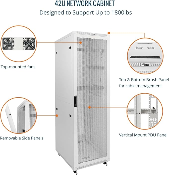 Tecmojo 42U Server Rack Network Cabinet 31.5" D x 23.6" W, Locking Data Cabinet Enclosure for 19" Server, Networking, AV & IT Equipment, Mesh Door, White