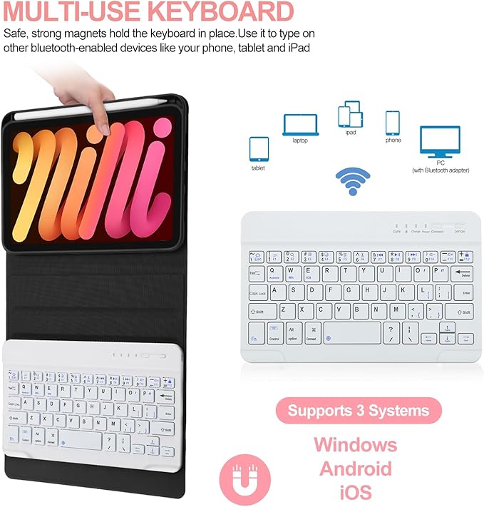 BORIYUAN iPad Mini (A17 Pro) 7th Keyboard Case 2024, Detachable Wireless Bluetooth Keyboard, Smart Slim Folio Cover with Build-in Pencil Holder for iPad Mini 7th/6th 2021 Generation 8.3 inch Rose Gold