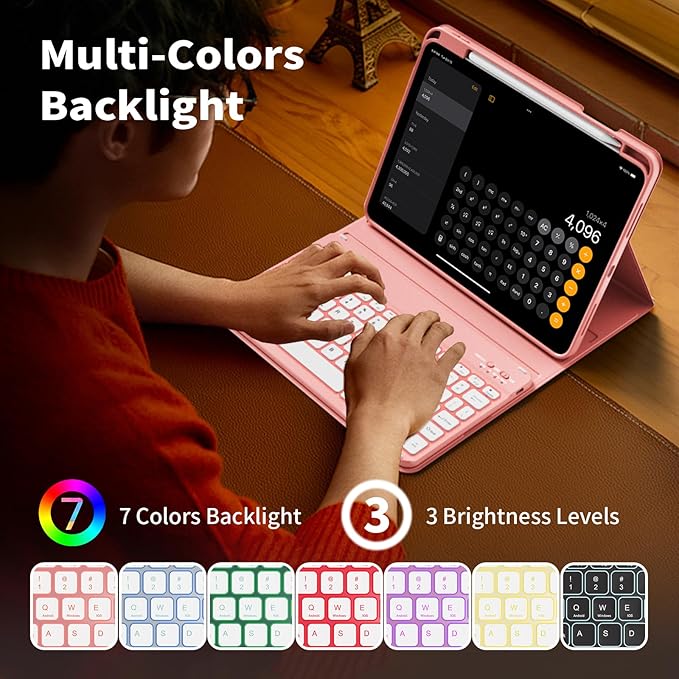 for iPad (A16) 11th Generation 2025 11-inch/10th Generation 2022 10.9 inch with Keyboard, 7 Colors Backlit Square Keycaps, Detachable Wireless Bluetooth Keyboard Case with Pencil Holder,LightPink