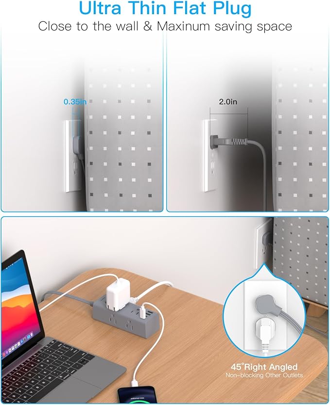 3Ft Extension Cord with Multiple Outlets, Flat Plug Power Strip Surge Protector with 1 Ft Cord, 6 Outlet 3 USB Ports (1 USB C), Multi Outlet Wall Plug for Travel, Dorm Room Essentials-Grey