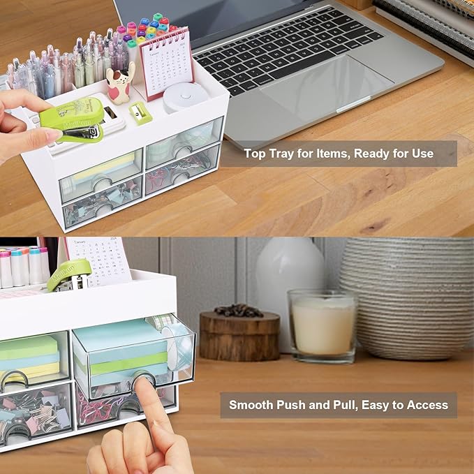 Desk Organizer, Office Organizer with Drawer, Desk Accessories & Workspace Organizers, Pen Holder Office Supplies for Desk (4 Drawers+4 Compartments, White)