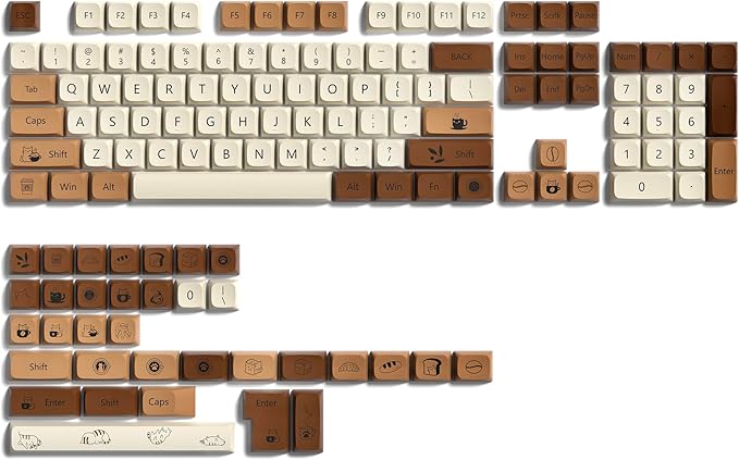 dagaladoo Brown PBT Keycaps 140 Keys XDA Profile Cute Key caps Dye-Sublimation Coffee Cat Keycaps Set Custom Key caps for Cherry Gateron MX Swithes Mechanical Keyboard(Spacebar is 6.25U/7U)