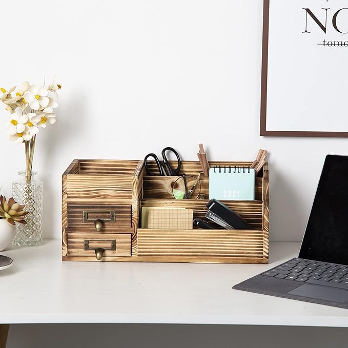 Distressed Rustic Wooden Office Desktop Drawers Organizer Wood Shelf Tabletop Home Organizer Storage with Multiple Compartments,perfect Jewelry storage Display Box for Desk, Vanity (Dark Brown)