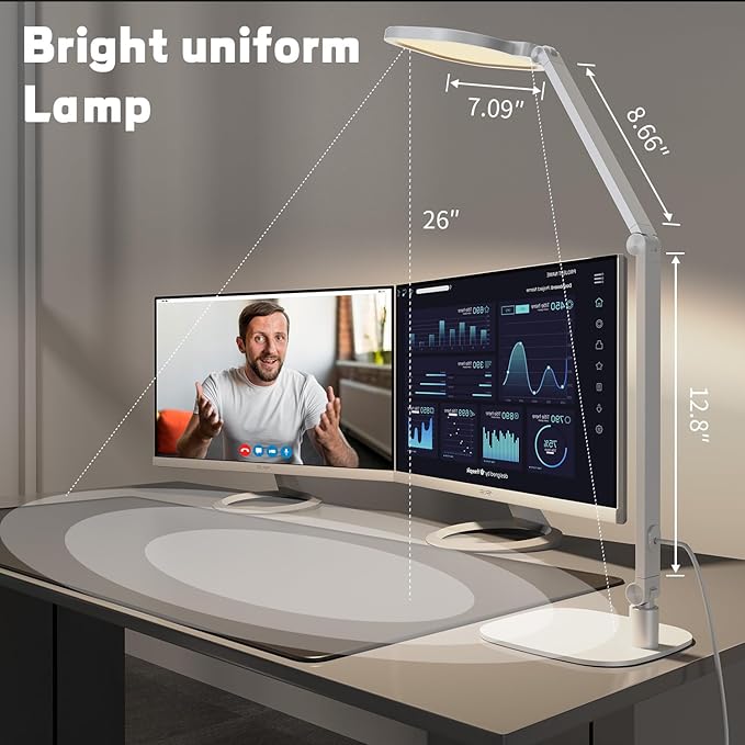 LitONES LED Desk Lamp for Home Office – Professional Eye-Caring Soft Diffused Light, Dimmable Desk Lamp with Adjustable Metal Swing Arm, Memory & Timer, Modern Anti-Glare Table Lamp