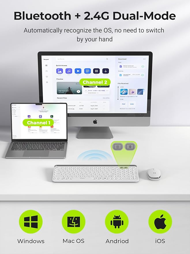 seenda Bluetooth Keyboard and Mouse for iPad, CTU-301 Wireless Multi-Device Connection Bluetooth+2.4G Keyboard Mouse Combo with Tablet Holder for iPad/MacBook/Windows, iOS/Andriod/Phone, White