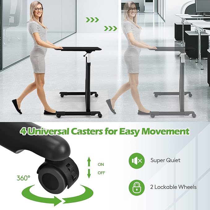 COSTWAY Mobile Height Adjustable Standing Desk, Compact Pneumatic Sit to Stand Computer Desk w/Lockable Casters, Ergonomic Rolling Laptop Table w/Steel Frame for Home Office (Black)