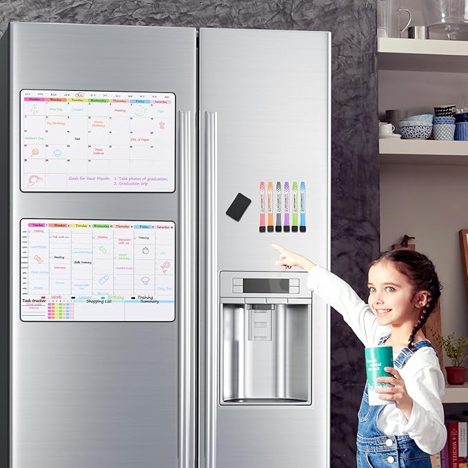 POPRUN 2 Pack Dry Erase Calendar 16.5" × 11", Weekly & Monthly Self Adhesive Planning Board with Time Slots for Wall Glass Wood, Home Office Organizer
