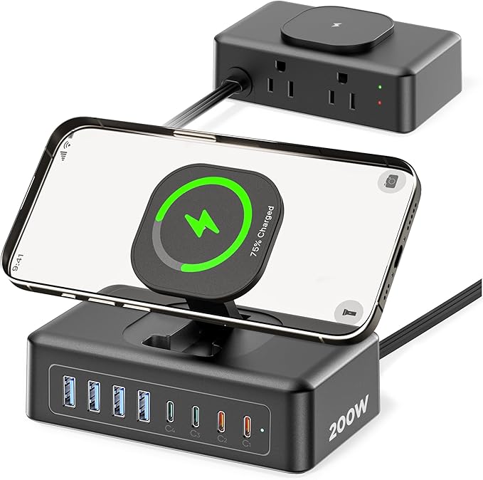 200W USB Charging Station, 11-in-1 USB C Power Strip Surge Protector, 2AC Outlets & 8USB Ports, 5ft Flat Plug Extension Cord with Multiple Devices, Desktop Charger for Home Office Desk Accessories