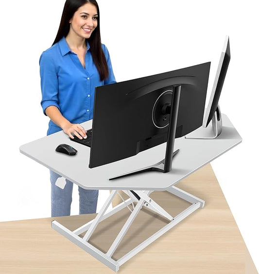 Aconcept 38 inch White Corner Height Adjustable Standing Desk Converter, One-Click Sit to Stand up Desk Riser, Pre-Assembled for Dual Monitor and Laptop Workstation